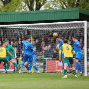 Goalkeeper Charlie Horlock's header is cleared off the line. Picture: PETER SHORT