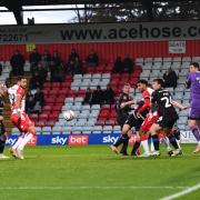 Kane Hemmings turns in Stevenage's third goal against Tranmere. Picture: TGS PHOTO