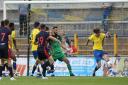 Tom Bender of St Albans blocks a Danny Newton of Stevenage shot on the line during St Albans City vs Stevenage, Friendly Match Football at Clarence Park on 13th July 2019