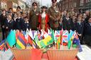 Commanding officer of 100 Regiment Royal Artillery Lieutenant Colonel Mike Bishop, Mayor of St Albans Cllr Annie Brewster and local schools at the Commonwealth flags ceremony