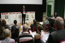 Rod Bluh addresses residents at Monday's meeting in the Royston Picture Palace community cinema