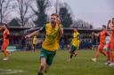 Callum Stead celebrates after putting Hitchin Town on their way to a 4-0 win over St Ives Town.