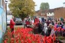 Pupils observed the two-minute silence at Our Lady Catholic Primary in Hitchin, among a field of handmade poppies