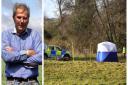 Gosmore farmer William 'Bill' Taylor, and police at the scene where his body was found. Picture: Herts police & Danny Loo