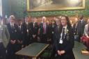 A number of the debaters from Hitchin and Harpenden schools with host Peter Lilley MP.