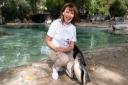 Lorraine Kelly at Penguin Beach ZSL London Zoo, wearing her celebrity T-shirt.