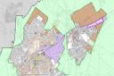 Large new housing areas (brown) would be set aside in Letchworth and Baldock, with a large employment site (purple) earmarked for Letchworth
