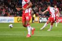 Alex MacDonald rifles in a free-kick to put Stevenage 2-1 up against Derby County. Picture: TGS PHOTO