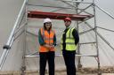 Sarah Kingsley with Stevenage Leisure Ltd operations manager Ross Wick at the construction of the new soft play facility in Letchworth. Pic: North Herts Council