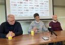 Alex Revell is flanked by his management team , Neil Banfield (left) and Scott Cuthbert.