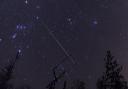 Geminid meteor over ham radio satellite antenna, Oregon, Ashland, Cascade Siskiyou National Monument.
