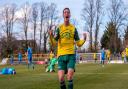 Jake Hutchinson celebrates his first goal for Hitchin Town against Peterborough Sports.