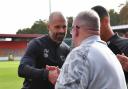 Paul Warne greets Steve Evans before Stevenage's 3-1 win over Derby County. Picture: TGS PHOTO