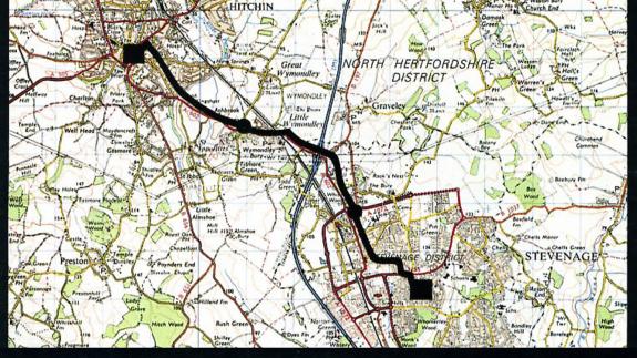 The Comet: Route of 140Mbit/second optical fibre system which carried telecom traffic between the towns of Hitchin and Stevenage, UK. The black circles indicate the location of the bidirectional regenerators in manholes. Picture: Courtesy of Standard Telecommunications Quarter Century Club The Comet: Route of 140Mbit/second optical fibre system which carried telecom traffic between the towns of Hitchin and Stevenage, UK. The black circles indicate the location of the bidirectional regenerators in manholes. Picture: Courtesy of Standard Telecommunications Quarter Century Club