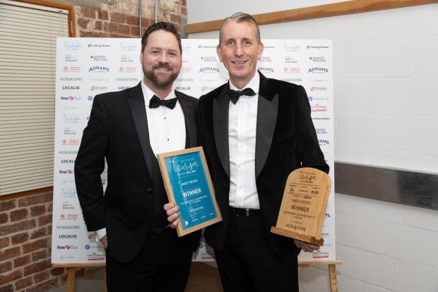 Dr Andy Wood OBE, CEO of Adnams, was presented with the Outstanding Contribution to Tourism Award at this year's East of England Tourism Awards. Pictured is Dr Wood (right) with Craig Loxston from award sponsor Hoseasons