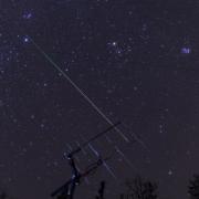 Geminid meteor over ham radio satellite antenna, Oregon, Ashland, Cascade Siskiyou National Monument.