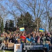 The Windmill Hill solidarity with Ukraine event in Hitchin organised by the Yoga Shed, The Victoria pub, Jolly Brown and the Bumblebee Collective in aid of Humanitas.