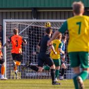Steve Cawley scores the only goal of the game as Hitchin Town beat Biggleswade Town in the Southern League.