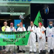 Extinction Rebellion campaigners demonstrated outside Barclays bank in Stevenage on Saturday