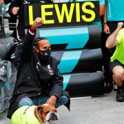 Lewis Hamilton and Mercedes staff celebrate his seventh F1 world title, secured ay Istanbul Park, Turkey, in November 2020.