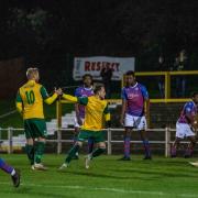 Jack Snelus celebrates the equalising goal for Hitchin Town against AFC Rushden & Diamonds. Picture: PETER ELSE