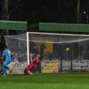 Ashley Hay scores Hitchin's winner against Redditch. Picture: PETER ELSE