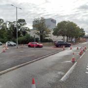 The exit from Tesco Extra onto Lytton Way, as it looked in October 2021.