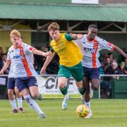 Josh Allen scored his first goal for Hitchin Town in the win over Stratford. Picture: PETER ELSE