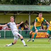 Finley Wilkinson thought he had grabbed a point for Hitchin Town at Bromsgrove Sporting. Picture: PETER ELSE