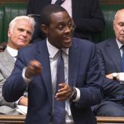 Bim Afolami speaks in the House of Commons, watched by Sir Desmond Swayne and Sir Iain Duncan Smith.