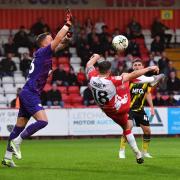 Josh March flicks in the equaliser for Stevenage against Watford. Picture: TGS PHOTO