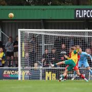 Jack Snelus sends an effort over the top in the FA Cup match with Kettering. Picture: PETER SHORT