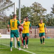 Hitchin Town celebrate after scoring against Stamford in the FA Trophy. Picture: PETER ELSE