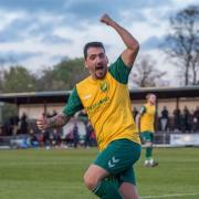 Layne Eadie celebrates his goal for Hitchin Town against Stamford. Picture: PETER ELSE