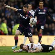 Nick Freeman battles for the ball against Derby County. Picture: NIGEL FRENCH/PA