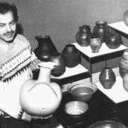 Abdo Nagi in his exhibition at Letchworth Museum in 1986.