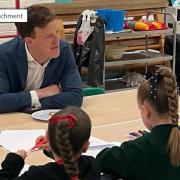 Hitchin MP Alistair Strathern with pupils at Shefford Lower School.