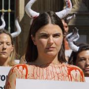 Polly Foreman joined fellow protestors outside Pamplona City Hall.