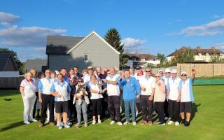 St Ippolyts bowlers celebrate their Stevenage Mixed League win with final opponents Aston. Picture: ST IPPOLYTS BC