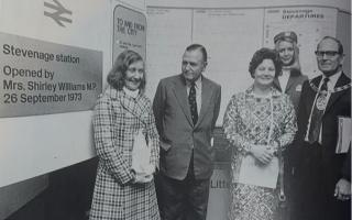 Shirley Williams, Stevenage's MP in 1973; W. O. Reynolds, general manager for British Rail Eastern Region; Cllr Hilda Lawrence; and Cllr Stan Munden, mayor of Stevenage Urban District Council.