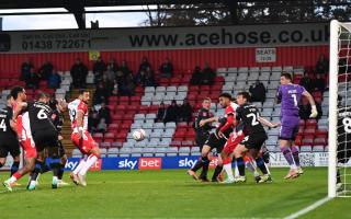 Kane Hemmings turns in Stevenage's third goal against Tranmere. Picture: TGS PHOTO