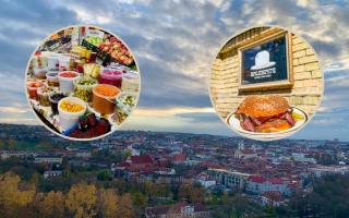 Inset: Fermented vegetables at The Hall Market and a beef beigel from Baleboste, in front of the Vilnius skyline