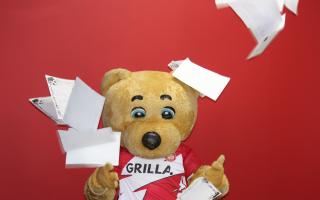 Boro Bear judging the Book Club entries for last year's competition.