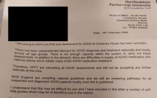 This letter was sent to some patients in North Hertfordshire who are waiting for ADHD assessments.