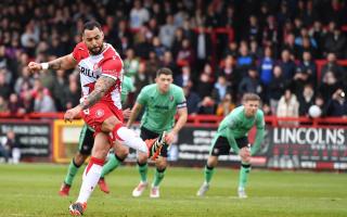 Kane Hemmings scores for Stevenage from the spot. Picture: TGS PHOTO